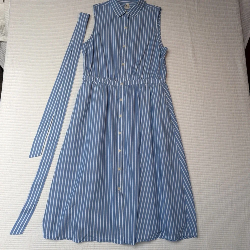 Pact Women L Sunset Lightweight Striped Blue Sleeveless Shirtdress w Pockets - Picture 3 of 9